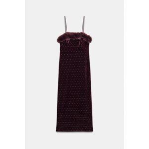 ZARA VELVET BEADED FAUX FUR MIDI DRESS
